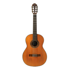 Naklejka premium Acoustic classical guitar isolated on white background. Wooden string instrument with intricate detailing. Perfect for music and art themes.