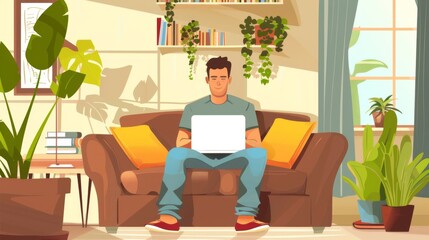 illustration Student attending an online class with a laptop in a comfortable home setting