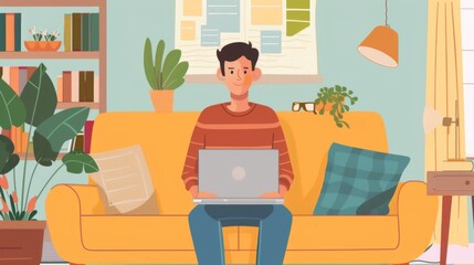 illustration Student attending an online class with a laptop in a comfortable home setting