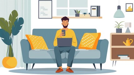 Fototapeta premium illustration Student attending an online class with a laptop in a comfortable home setting