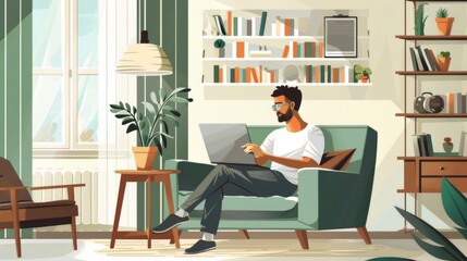 illustration Student attending an online class with a laptop in a comfortable home setting