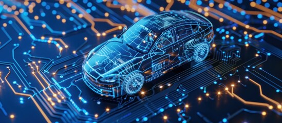 Futuristic Electric Car on Circuit Board