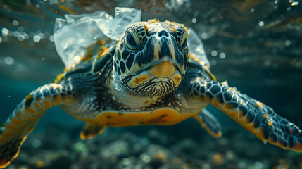 Obraz premium Green sea turtle with a hard shell gracefully glides underwater in a large aquarium