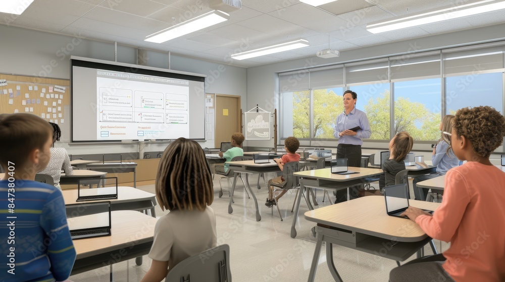 Poster portrait of teacher teaching about ai at digital classroom. multicultural elementary student learnin