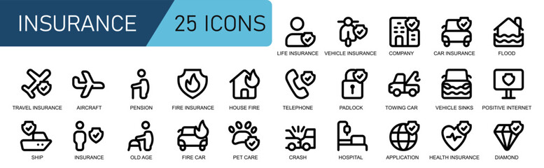 insurance icons collection.thick outline style.contains TOWING CAR,PADLOCK,TELEPHONE,HOUSE FIRE,FIRE INSURANCE,PENSION,AIRCRAFT,TRAVEL INSURANCE,SHIP.good for ui software.

