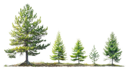 Illustration of five evergreen trees at different growth stages, showcasing natural progression from small sapling to fully grown tree.