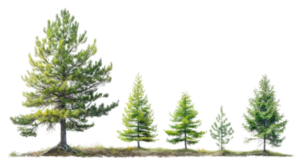 Illustration of five evergreen trees at different growth stages, showcasing natural progression from small sapling to fully grown tree.