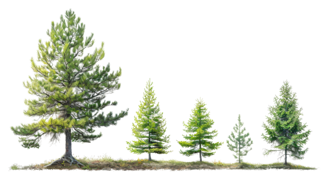 Illustration of five evergreen trees at different growth stages, showcasing natural progression from small sapling to fully grown tree.