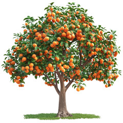 Lush orange tree laden with ripe oranges, standing tall in a green grassy area, showcasing the beauty of fruit-bearing trees in nature.