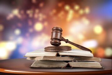 law and authority concept, wooden judgment gavel  in courtroom