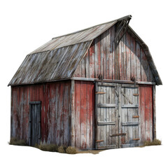 Naklejka premium Old rustic red barn with weathered wooden walls and a tin roof, capturing the essence of rural farm life. Perfect for nostalgic and historical themes.