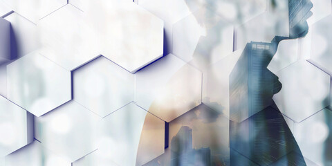 Silhouette of a businessman in profile view overlaid with hexagonal patterns and cityscape, symbolizing modern business and innovation.
