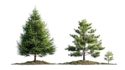 Three different-sized pine trees isolated on a white background, showcasing the growth stages and variety of evergreen foliage.