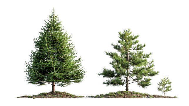 Three different-sized pine trees isolated on a white background, showcasing the growth stages and variety of evergreen foliage.