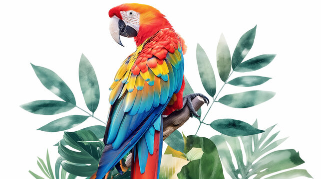A colorful parrot is perched on a branch in front of green leaves