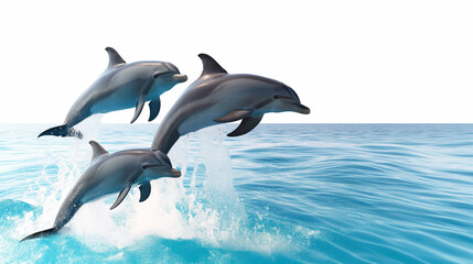 Three dolphins are leaping out of the water in a beautiful blue ocean