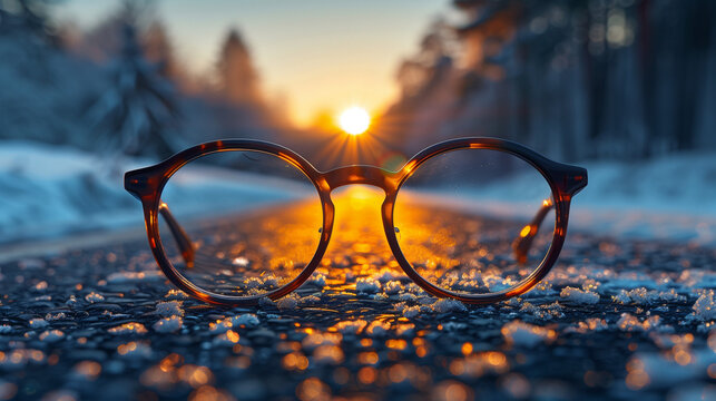 Sunglasses and eyeglasses, some on a park bench, showcase a variety of eyewear styles
