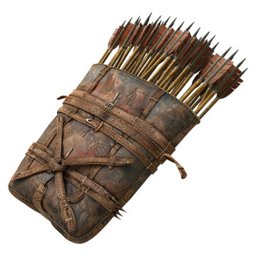 Vintage leather quiver full of arrows. Ideal for archery, medieval themes, historical reenactment, or hunting. Handcrafted, authentic design.
