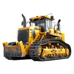 Obraz premium Yellow bulldozer with heavy-duty tracks and blade on white background. Perfect for construction and industrial projects.