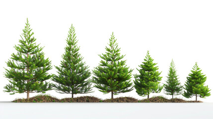 Obraz premium A row of green pine trees of varying sizes on a white background, isolated without any decor, suitable for nature and winter themes.