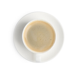 Aromatic coffee in cup isolated on white, top view
