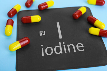 Card with iodine element and pills on light blue background, closeup