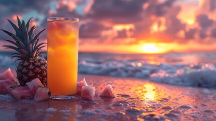 A refreshing glass of orange juice on a table, perfect for a summer day at the beach