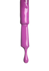 Violet nail polish dripping from brush isolated on white