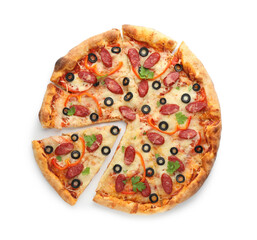 Tasty pizza with dry smoked sausages, olives, pepper and cheese isolated on white, top view