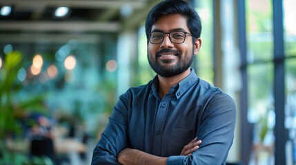 Obraz premium portrait of an Indian software engineer standing in modern office looking at camera, tech worker