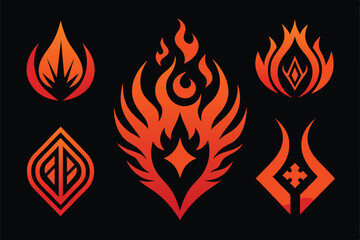 Vector design set, flames and fire, acid neo tribal shapes, elements and abstract illustrations in gothic style, gothic and acid tattoos