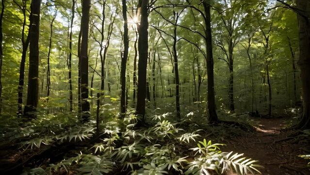Sunlight Through Trees on Forest Path in Summer