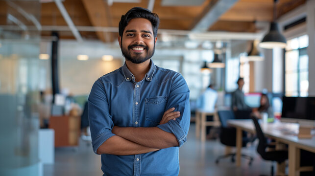 portrait of an Indian software engineer standing in modern office looking at camera, tech worker