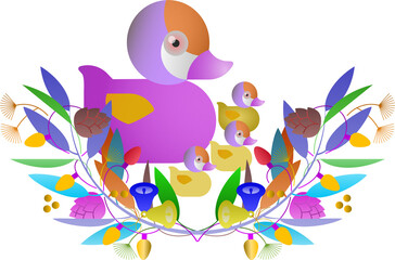 birds and flowers on white background