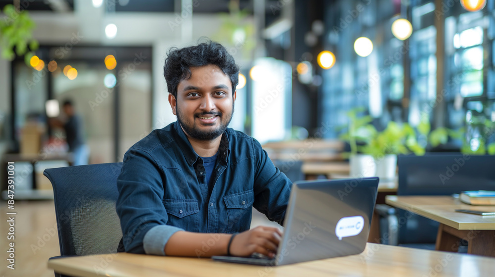 Poster portrait of an indian software engineer or web developer working on laptop in modern office looking 