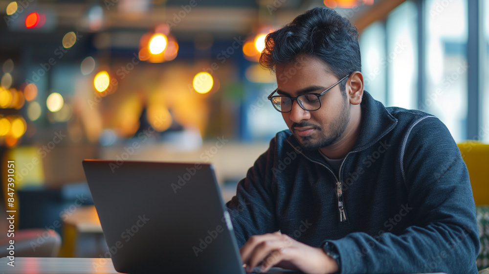 Poster portrait of an indian software engineer or web developer working on laptop in modern office looking 