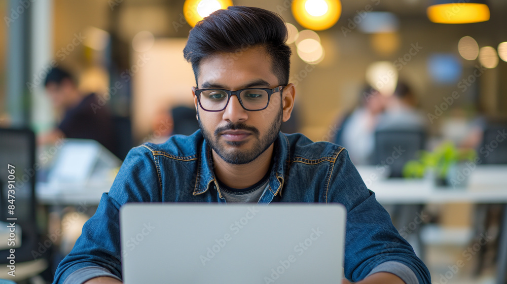 Poster portrait of an indian software engineer or web developer working on laptop in modern office looking 