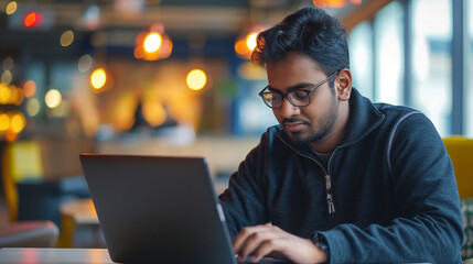 portrait of an Indian software engineer or web developer working on laptop in modern office looking at camera, tech worker