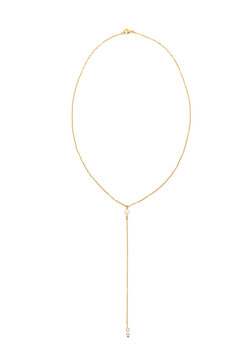 Thin dainty delicate gold lariat y chain necklace with a pearl isolated cutout on transparent