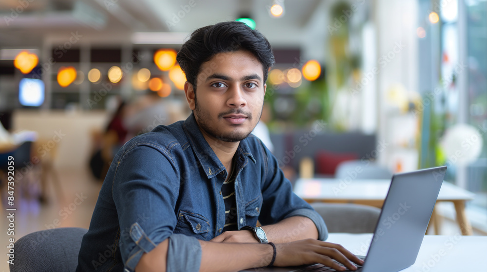 Poster portrait of an indian software engineer or web developer working on laptop in modern office looking 