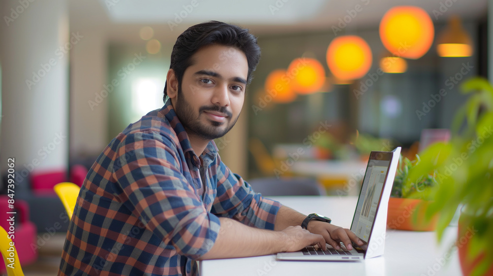 Poster portrait of an indian software engineer or web developer working on laptop in modern office looking 