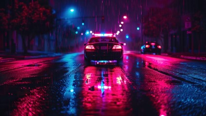 Rainy Night Cityscape with Police Car