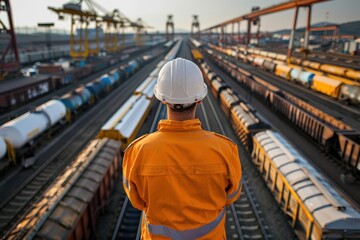 Fototapeta premium A man in a white helmet stands in front of a train yard. Civil engineer concept