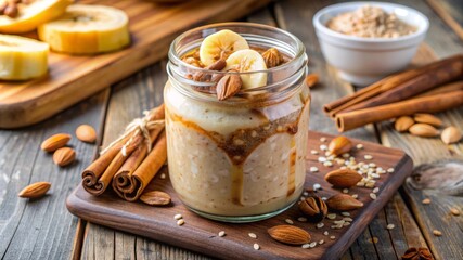 A jar of oatmeal with a cinnamon stick on top sits on a wooden table