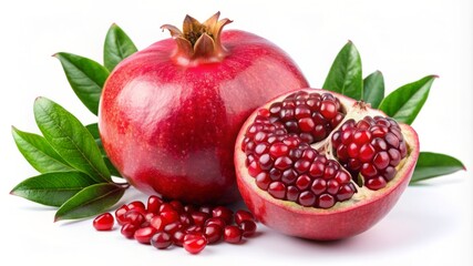 Three red pomegranates with green leaves on top