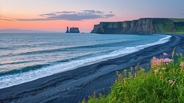Icelandic Black Coast at Sunset, Volcanic Cliffside with Blue North Atlantic Ocean Water, Shot in 8K Resolution 4320p  