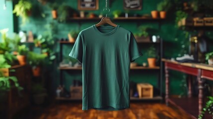 A green shirt hanging on a hanger in a room with green walls and plants