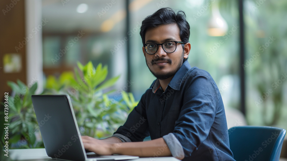 Poster portrait of an indian software engineer or web developer working on laptop in modern office looking 