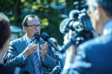 Man Speaking at Press Conference with Microphones
