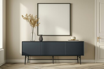 Minimalist Interior Design with a Black Cabinet and a Large Blank Frame